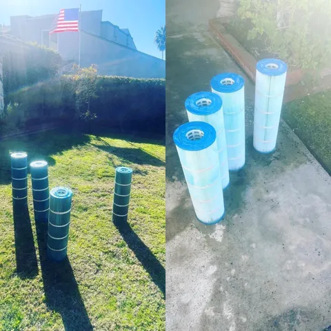 Pool filter cartridges before and after cleaning