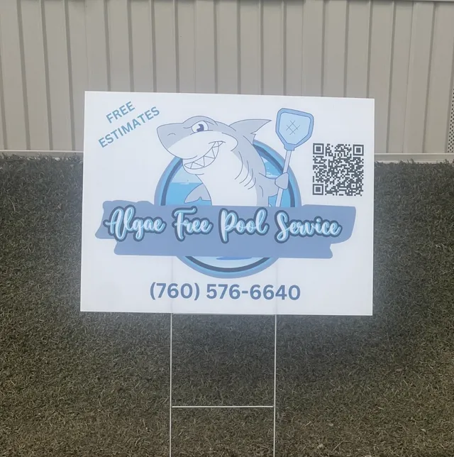 Algae Free Pool Service yard sign with shark logo, free estimates, and phone number